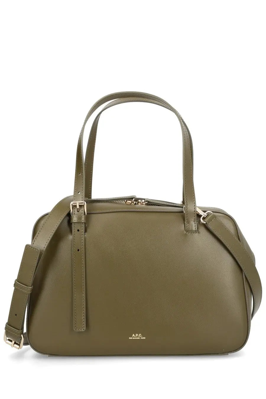 A.P.C womens olive green leather satchel with top handles and detachable shoulder strap for versatile use