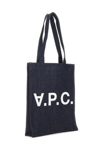 Black canvas tote bag with white apc lettering featured in apc womens borsa tote in denim blue product image