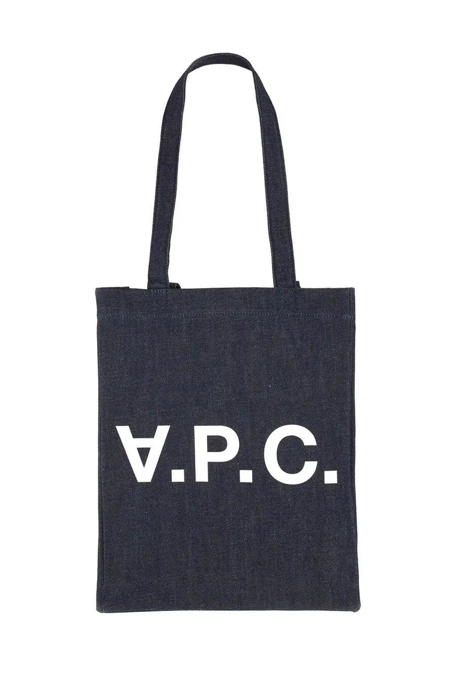 A.p.c women’s dark denim tote bag in blue with bold white vpc lettering on the front
