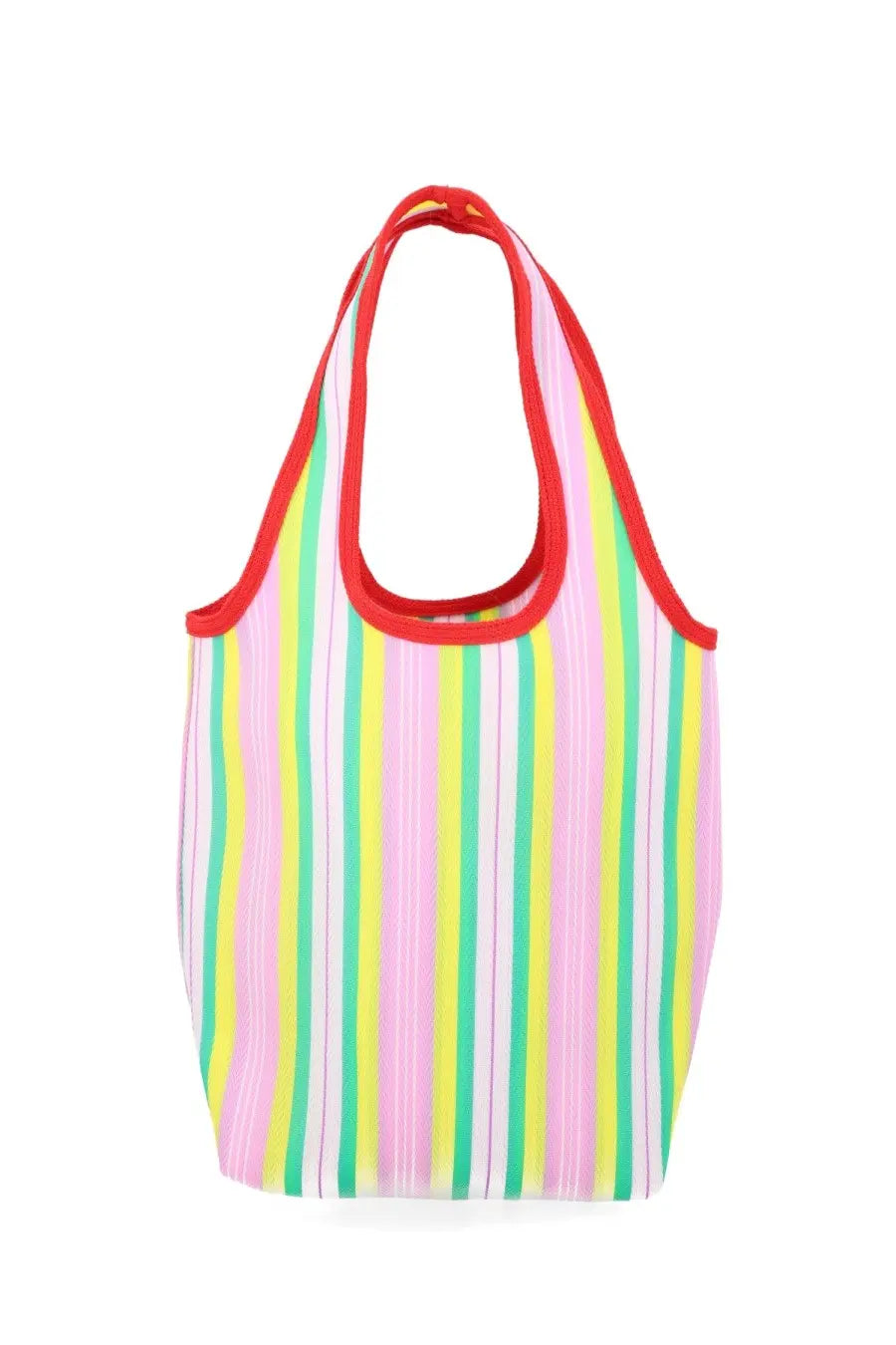 A.P.C women’s borsa tote Ninon small blue featuring a vibrant collapsible shopping bag with pastel striped colors and red trim