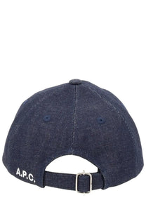 Dark blue denim baseball cap with white embroidered a.p.c. logo from a.p.c. women’s cappello da baseball eden boussole blue