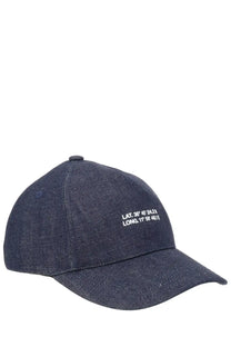 Dark blue denim A.P.C women’s baseball cap with white embroidered coordinates on the front for casual wear