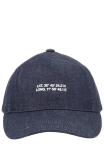 A.p.c women’s dark blue denim baseball cap with white embroidered latitude and longitude coordinates on front