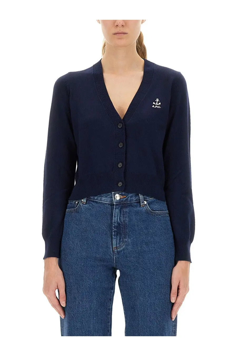 Navy blue A.P.C. women’s cardigan made of soft knit fabric perfect for casual and layered wear