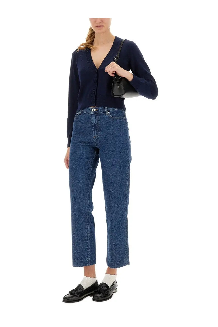 A.P.C women’s navy blue long-sleeved cardigan with v-neck and button closure perfect for layering
