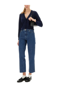 A.P.C women’s navy blue long-sleeved cardigan with v-neck and button closure perfect for layering