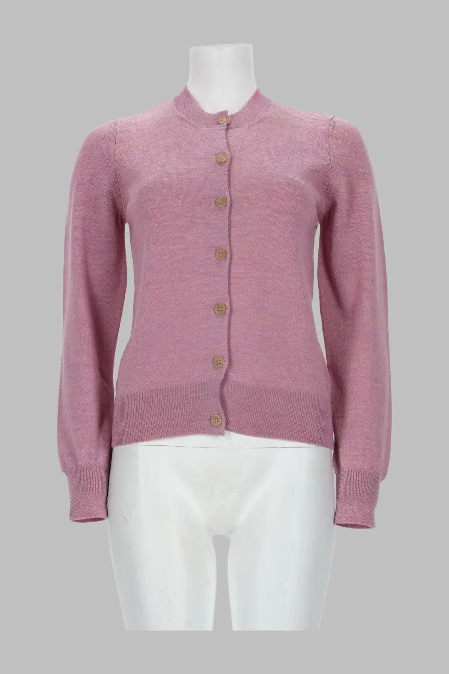 A.P.C women’s soft pink knitted cardigan in lana blue with crew neckline button closure and subtle puff sleeves