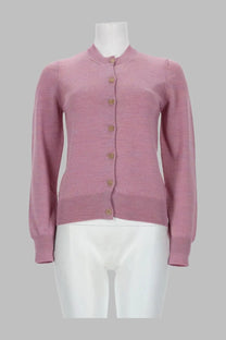A.P.C women’s soft pink knitted cardigan in lana blue with crew neckline button closure and subtle puff sleeves