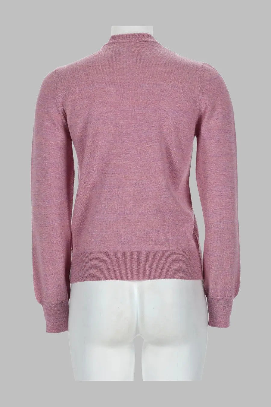 A soft pink long-sleeved knit sweater with ribbed hem and cuffs shown as apc women’s cardigan in lana blue