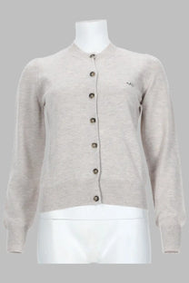 A.P.C women’s cardigan in lana grey light beige fine knit with subtle heathered texture and dark metallic buttons