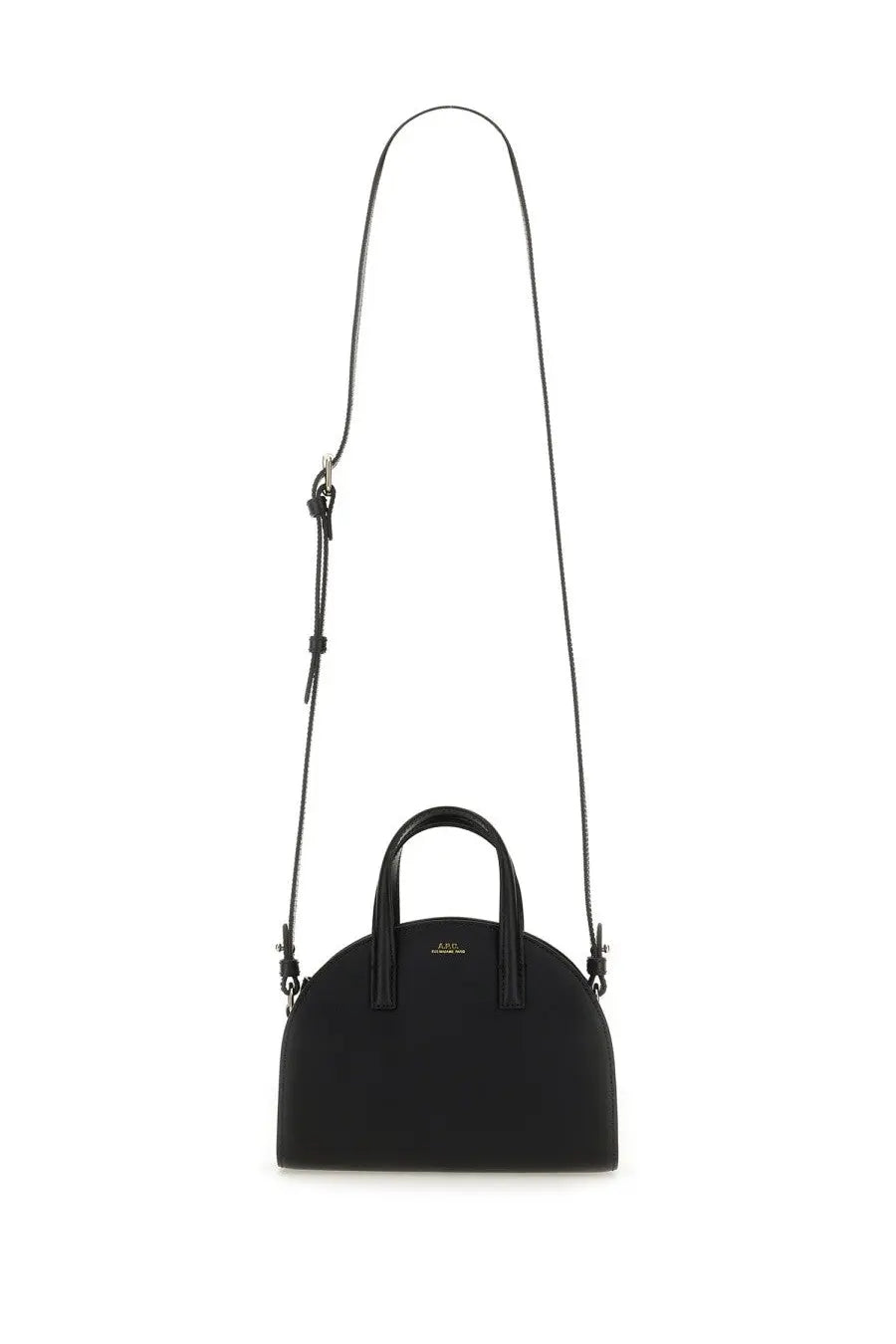 A.P.C women’s demi lune tote bag small black leather mini satchel with curved top short handles and adjustable strap