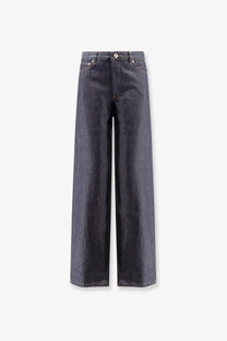 A.P.C women’s Elisabeth jeans are dark indigo denim wide-leg pants with a subtle textured pattern