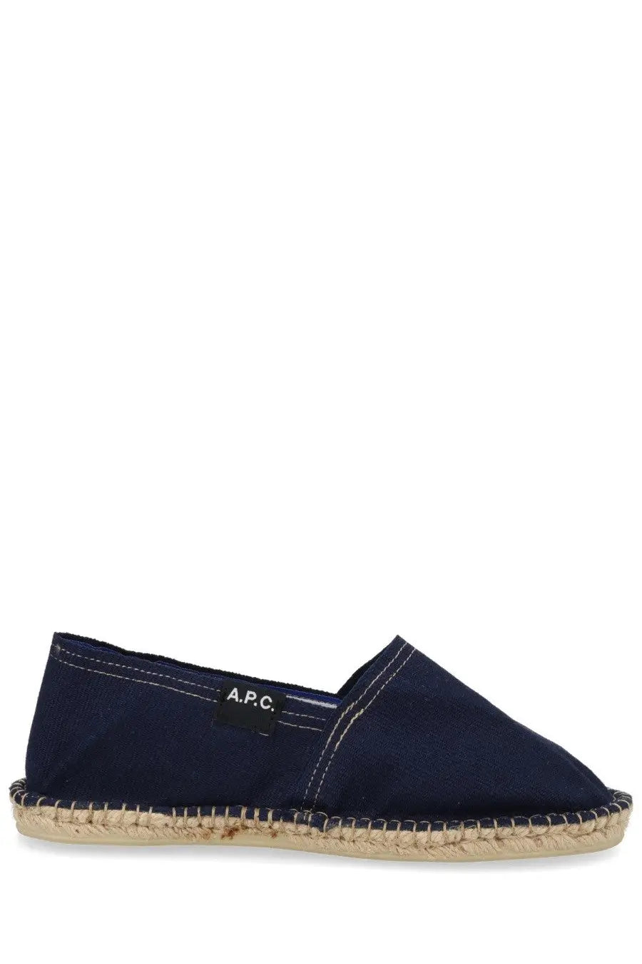 A.P.C women’s navy blue canvas espadrille shoe with woven jute sole and white stitching in tela blue color