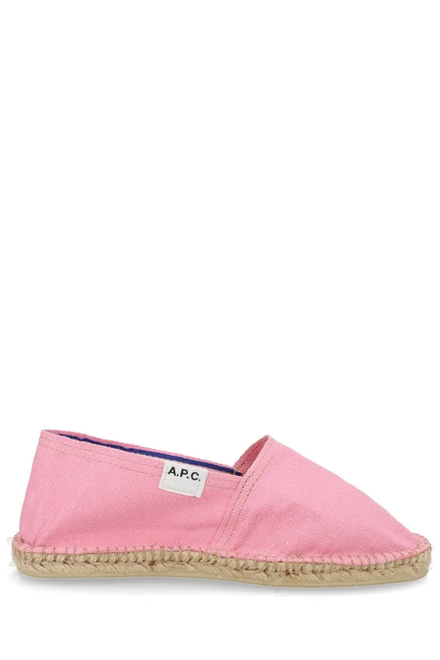 A.P.C women’s espadrilla in tela blue featuring pink canvas with woven jute sole and navy lining