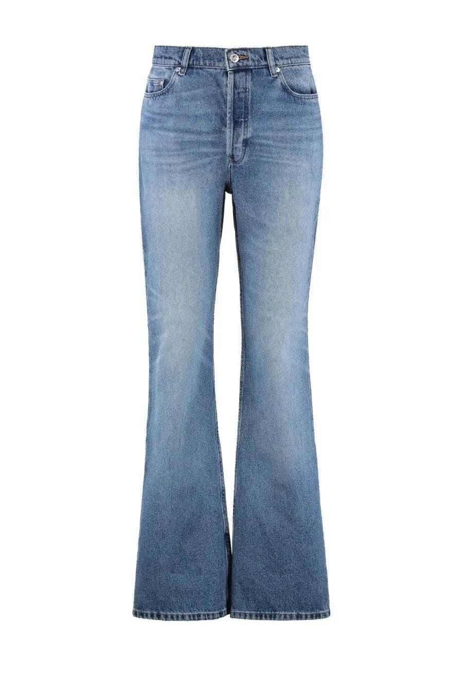 A.P.C women’s high-waisted blue denim jeans with a flared leg cut front view