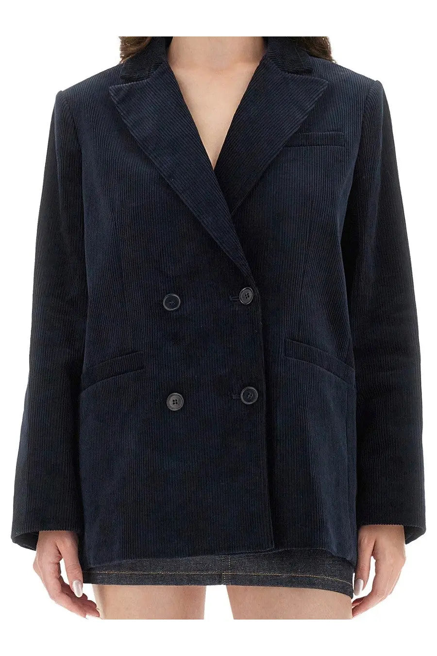 A.P.C women’s Lucy jacket dark navy corduroy double-breasted blazer with matching buttons and flap pockets