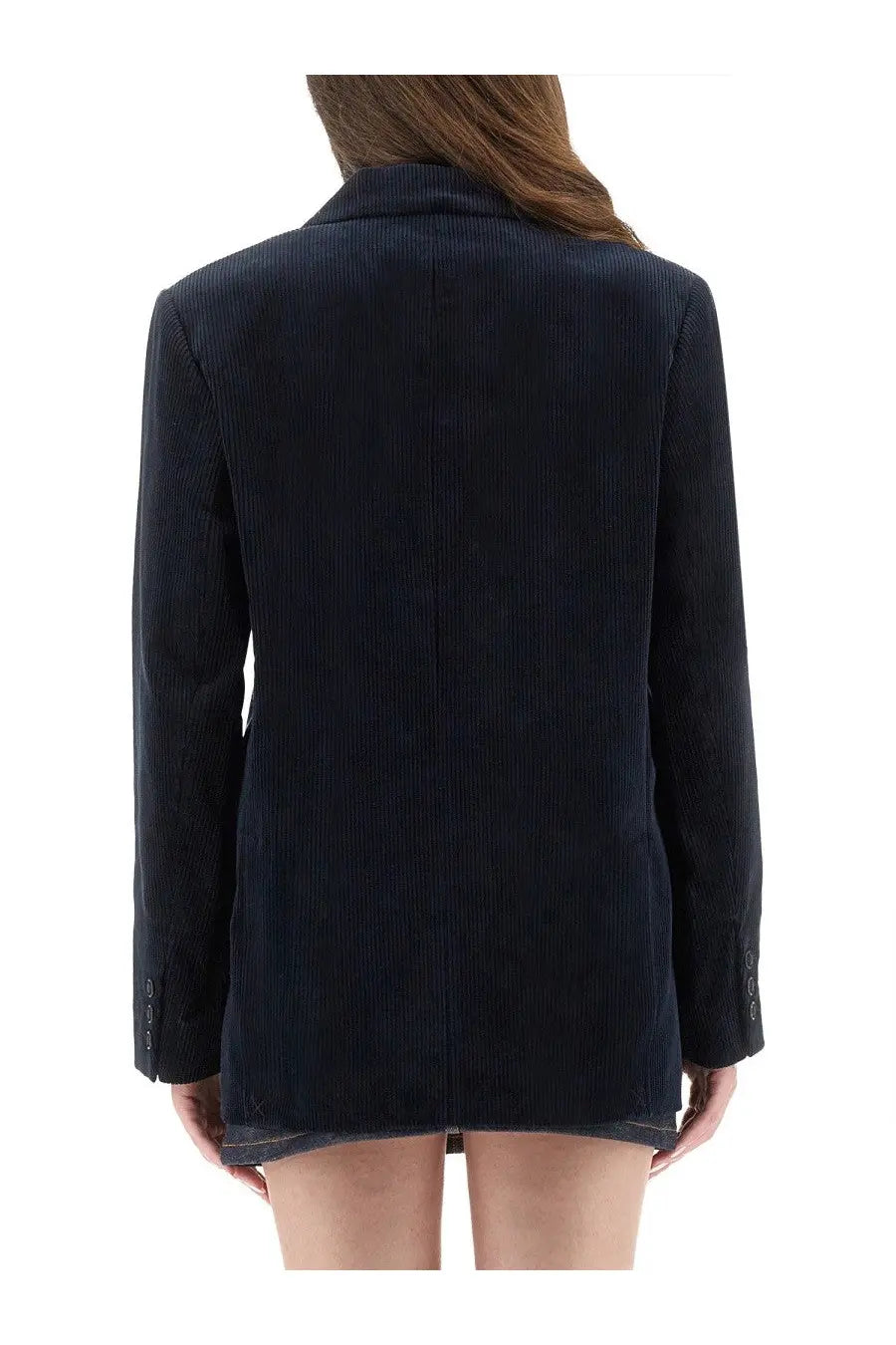 A.P.C women’s Lucy jacket navy blue corduroy blazer with vertical ribbed texture and buttoned cuffs