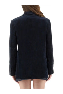 A.P.C women’s Lucy jacket navy blue corduroy blazer with vertical ribbed texture and buttoned cuffs