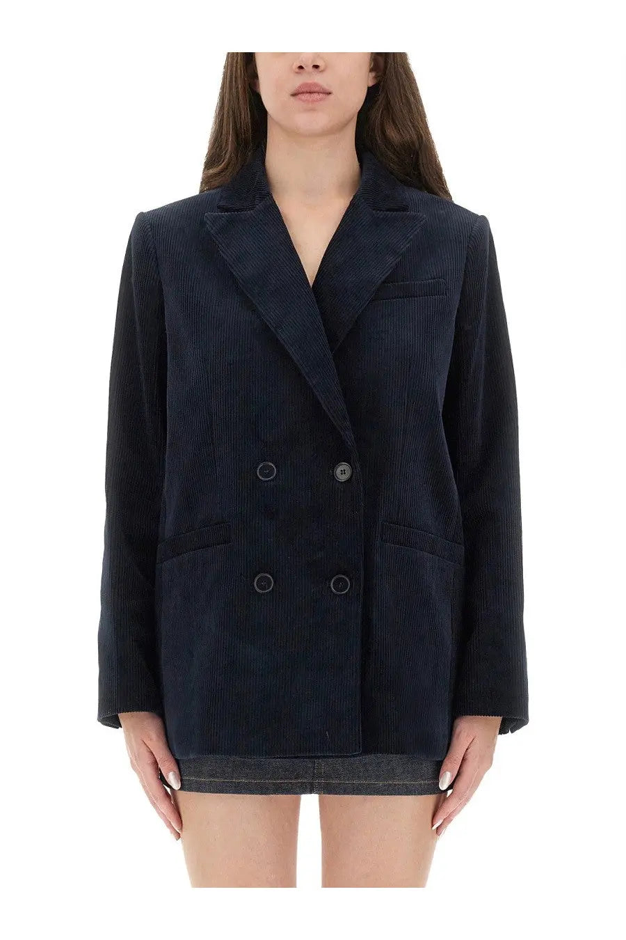 Navy blue corduroy double-breasted blazer for women by A.P.C featuring a tailored fit and button details