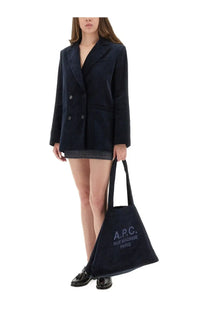 Navy blue suede tote bag with a.p.c. logo paired with a.p.c. women’s lucy jacket blue in a product image