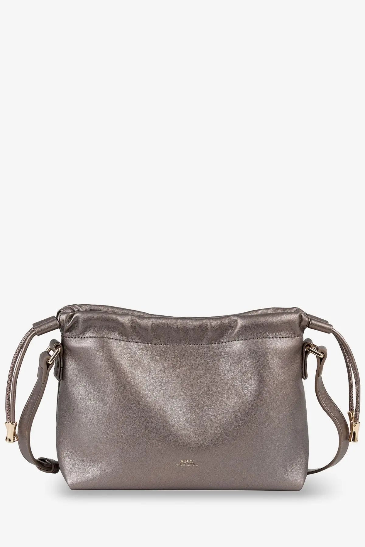 Apc women’s ninon metallic gray synthetic leather crossbody bag with drawstring top and gold-tone hardware