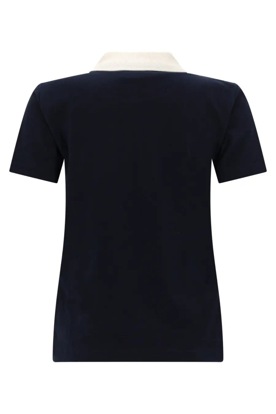 A.P.C women’s navy blue short-sleeved polo shirt with a cream collar made from soft cotton blend fabric