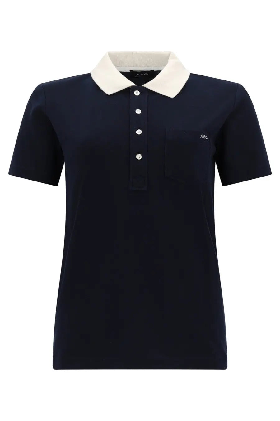 A.P.C women’s navy blue polo shirt with short sleeves cream collar white buttons and embroidered logo on left chest