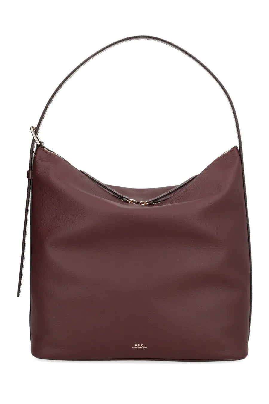A.P.C women’s real bag brown sleek burgundy leather hobo bag with curved top handle and minimalist gold-tone hardware