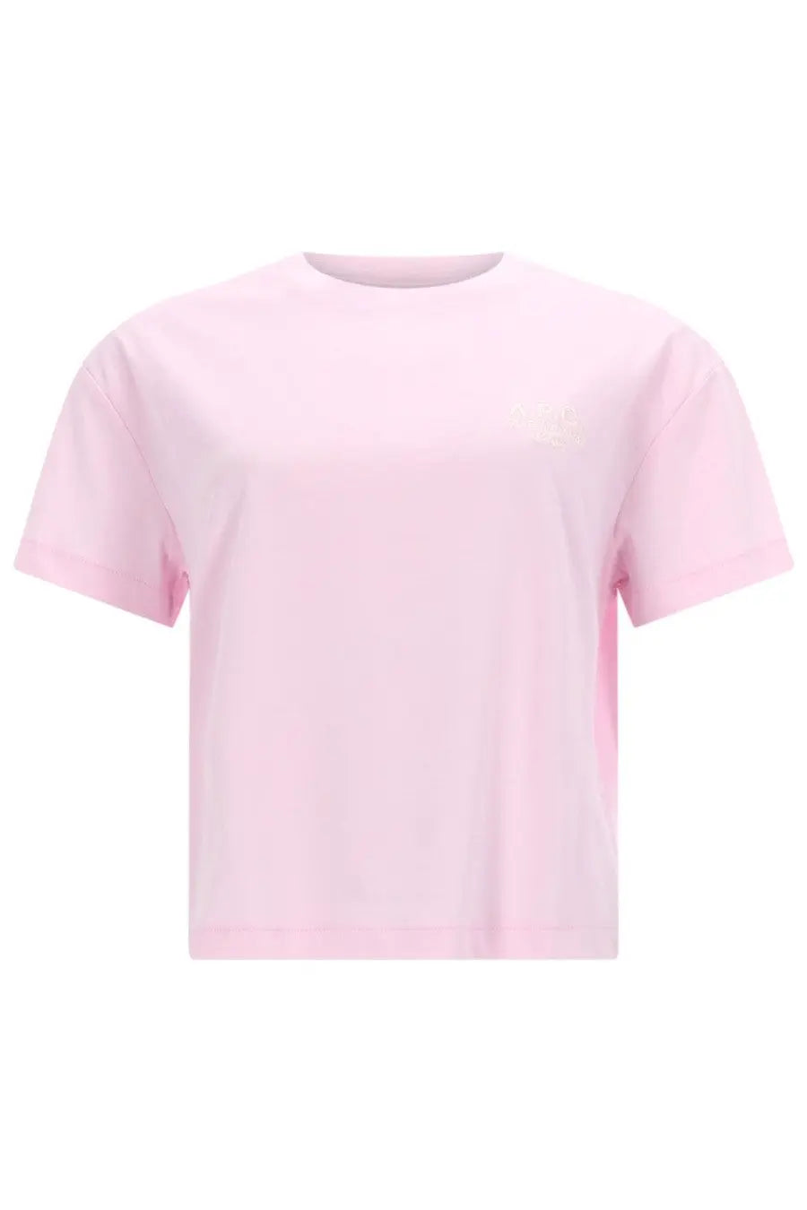 A.P.C women’s soft pink short-sleeved crew neck t-shirt with subtle embroidered logo on the left chest