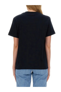 A.P.C women’s black short-sleeved t-shirt with a subtle textured back panel in shirt con blue design showing back side