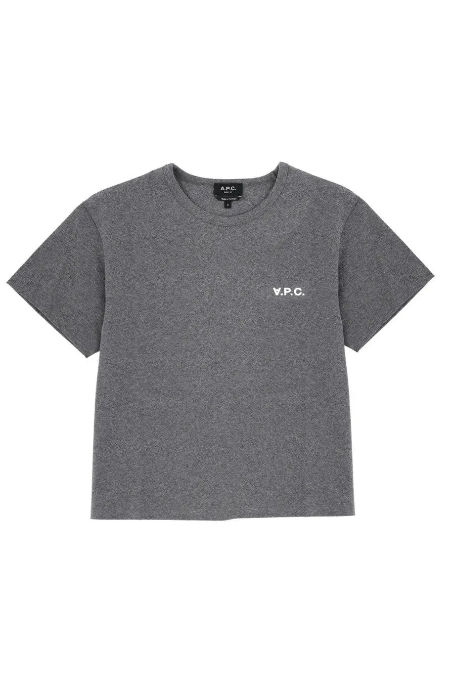A.P.C women’s gray heathered cotton t-shirt with a small white v.p.c. logo on the left chest