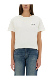 A.p.c women’s white cropped t-shirt with a small black vpc logo on the left chest for casual wear