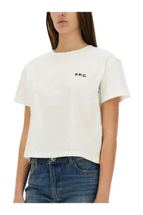 A.P.C women shirt petit vpc white cropped t-shirt with black v.p.c. embroidery on left chest