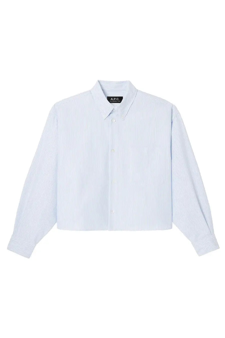 A.P.C women’s shirt Sophia blue crisp white button-down with subtle vertical stripes classic collar and long sleeves