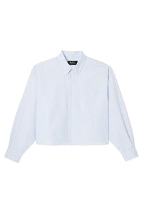 A.P.C women’s shirt Sophia blue crisp white button-down with subtle vertical stripes classic collar and long sleeves