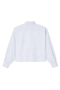 A.p.c women’s white button-up shirt with subtle vertical pinstripes and a classic collar in sophia blue style