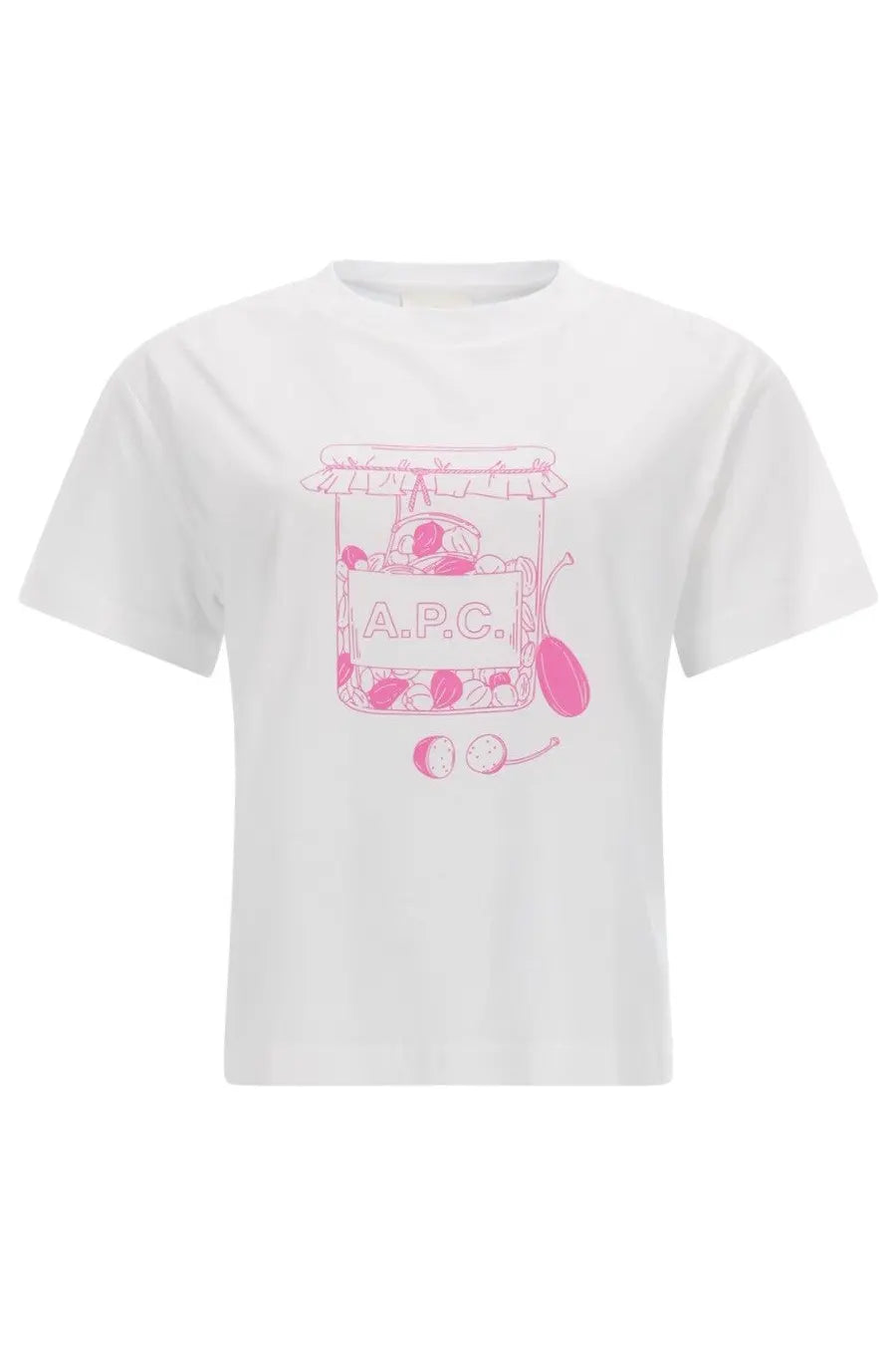 White cotton a.p.c women’s t-shirt with a pink jar graphic labeled a.p.c featuring cherries and fruit