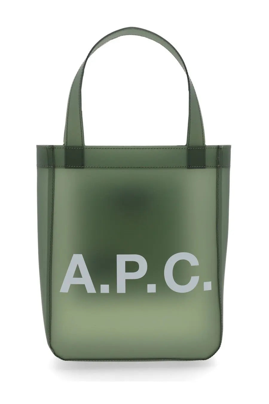 Olive green translucent A.P.C women’s small lou tote bag with white logo ideal for everyday use