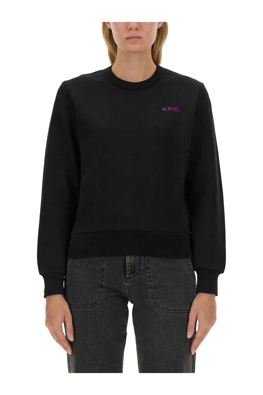 A.P.C women’s black crewneck sweatshirt with small purple embroidered v.p.c. logo on left chest in cotton blend