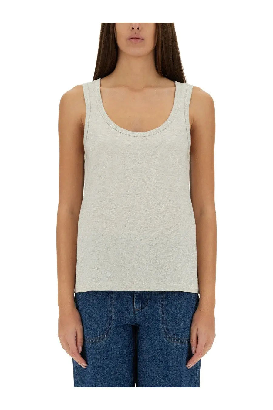 A.P.C women’s grey sleeveless tank top made of soft heathered fabric with rounded neckline and clean seams