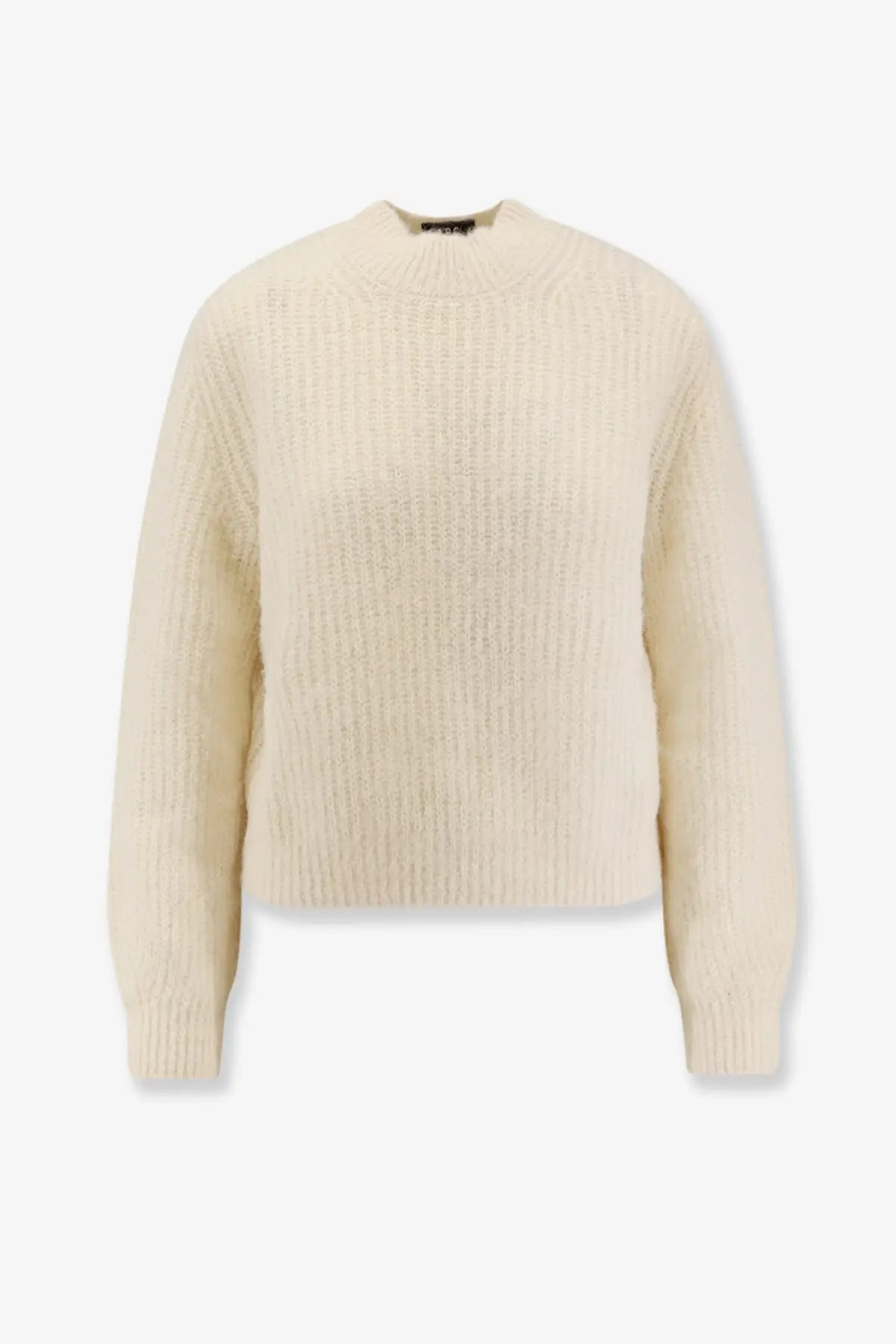 A.P.C women’s wool blend sweater white cream ribbed knit with soft textured fabric and classic crew neckline