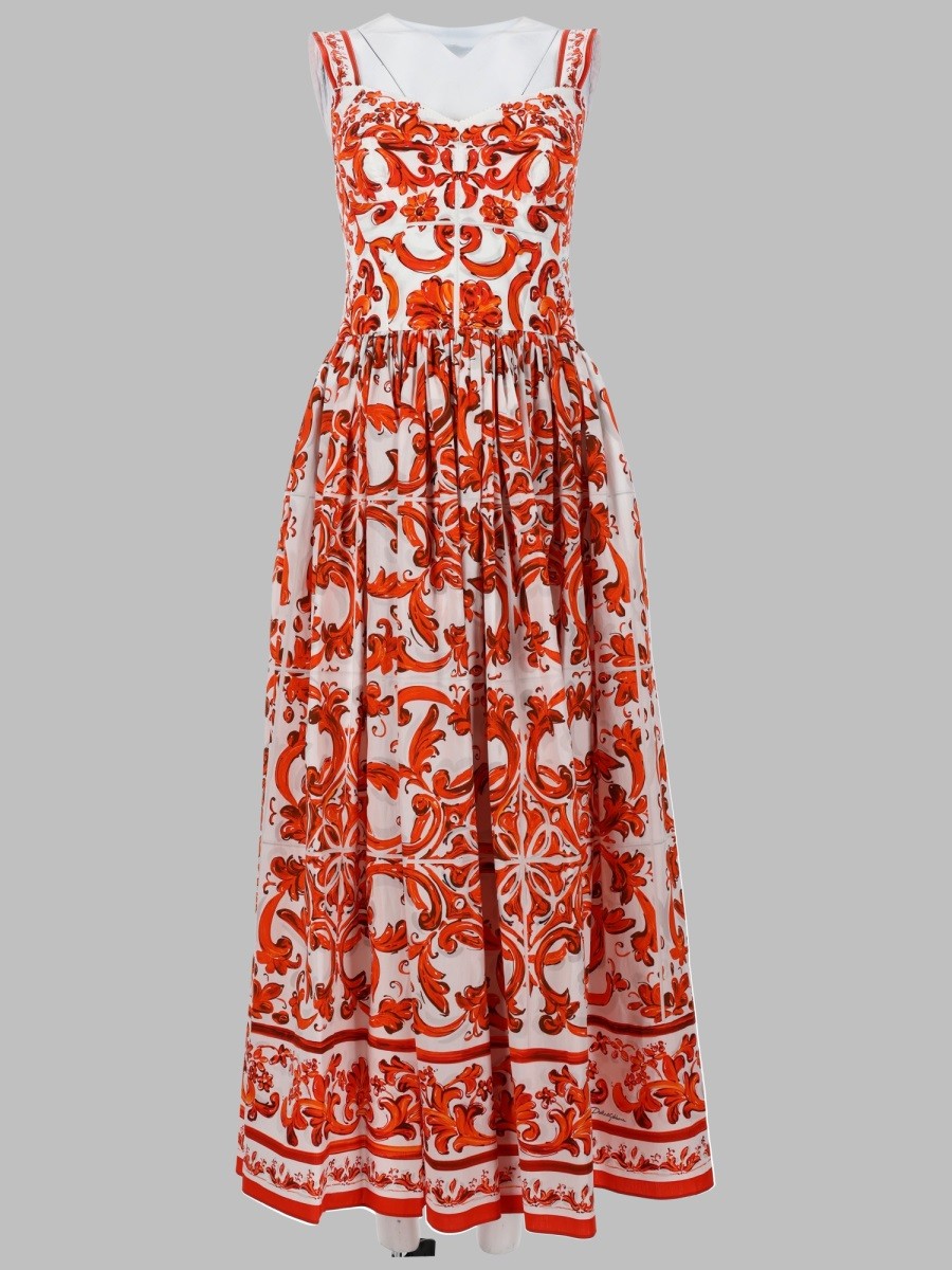 Dolce &amp; Gabbana Women's Abito Lungo in Popeline Con Stampa Orange