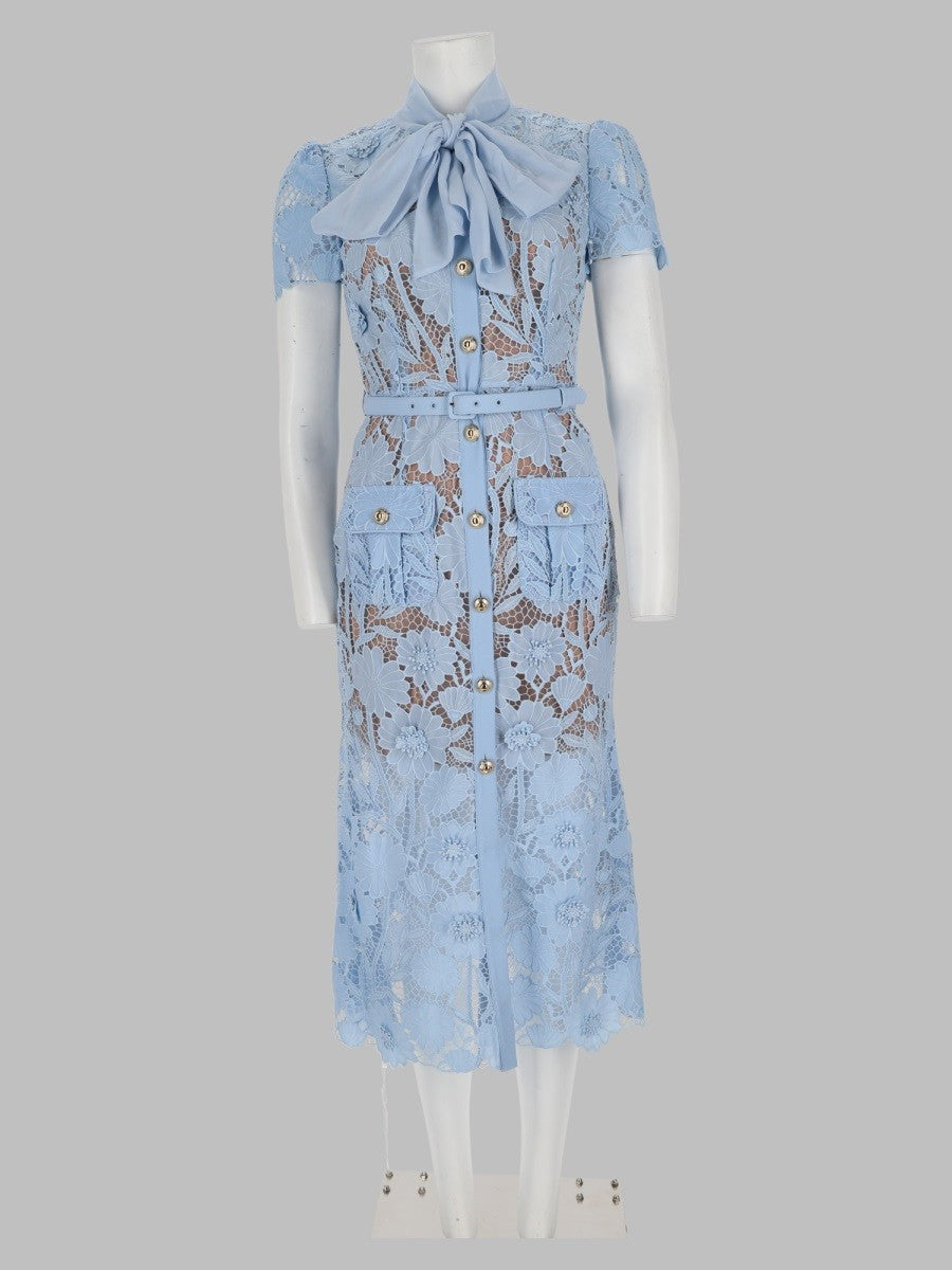 self-portrait Women's Abito Midi in Pizzo Con Fiocco Blue