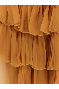 Actualee women’s asymmetric voile dress beige with delicate tiered amber ruffles and gold stitching on sheer fabric
