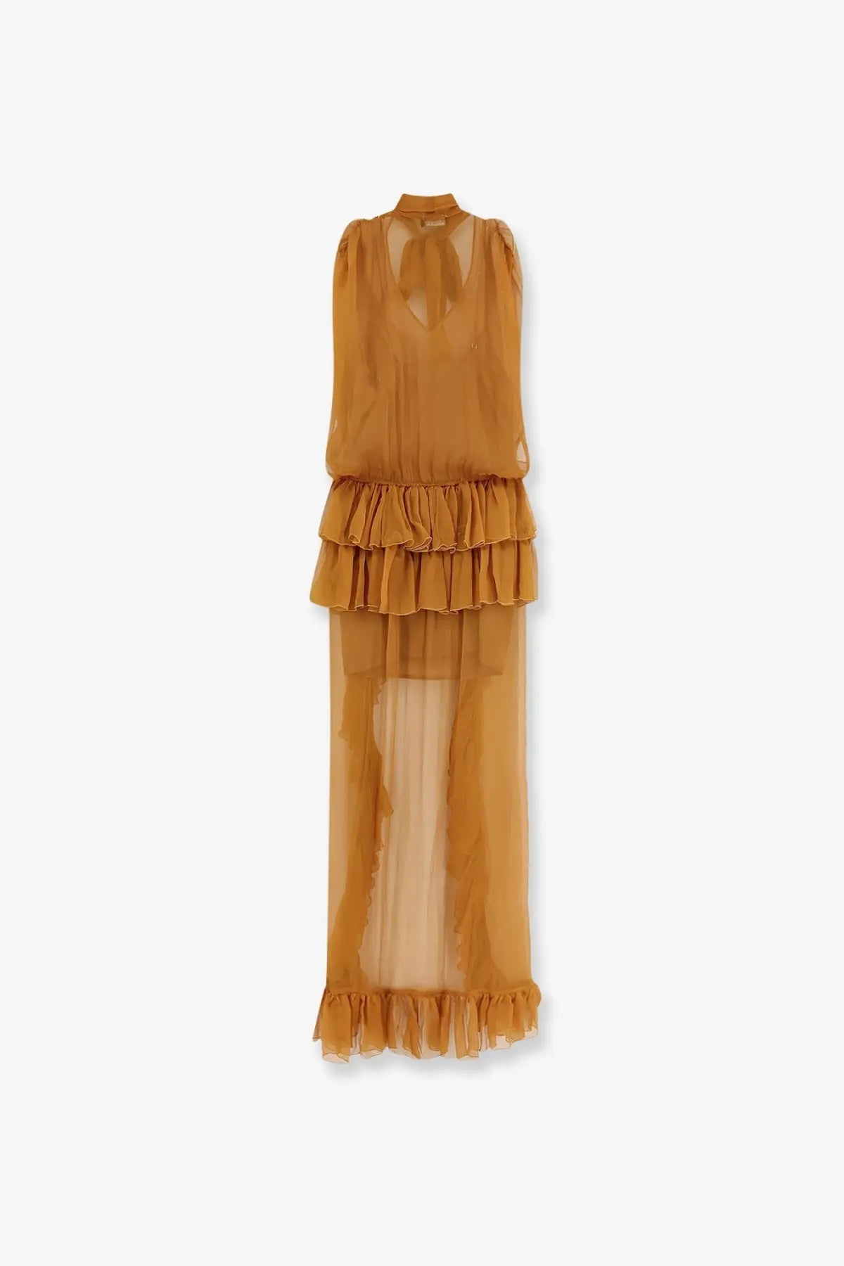 Actualee women’s asymmetric voile dress beige flowing sleeveless chiffon maxi with layered ruffles at waist and hem
