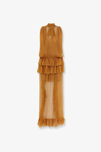 Actualee women’s asymmetric voile dress beige flowing sleeveless chiffon maxi with layered ruffles at waist and hem