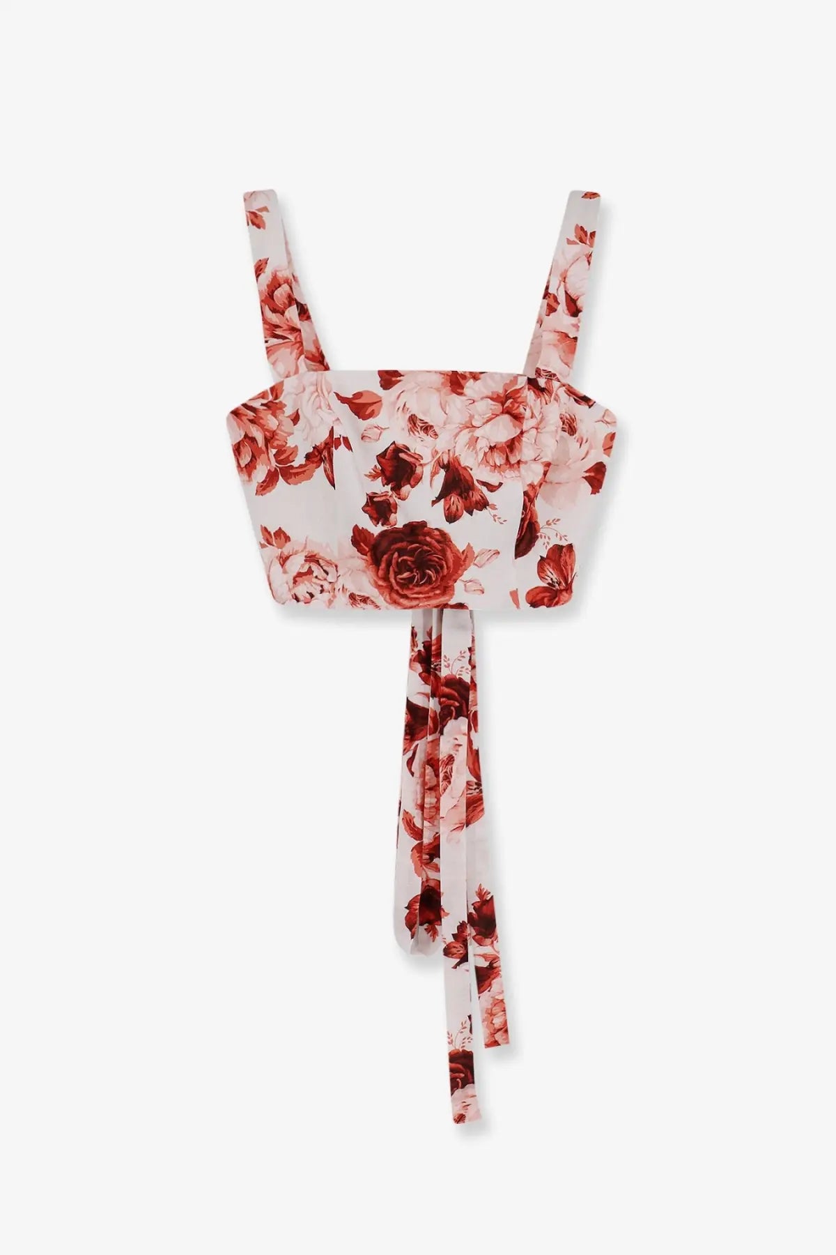 Actualee women’s pink cropped cotton and linen blend top with floral pattern thin straps and tied front detail