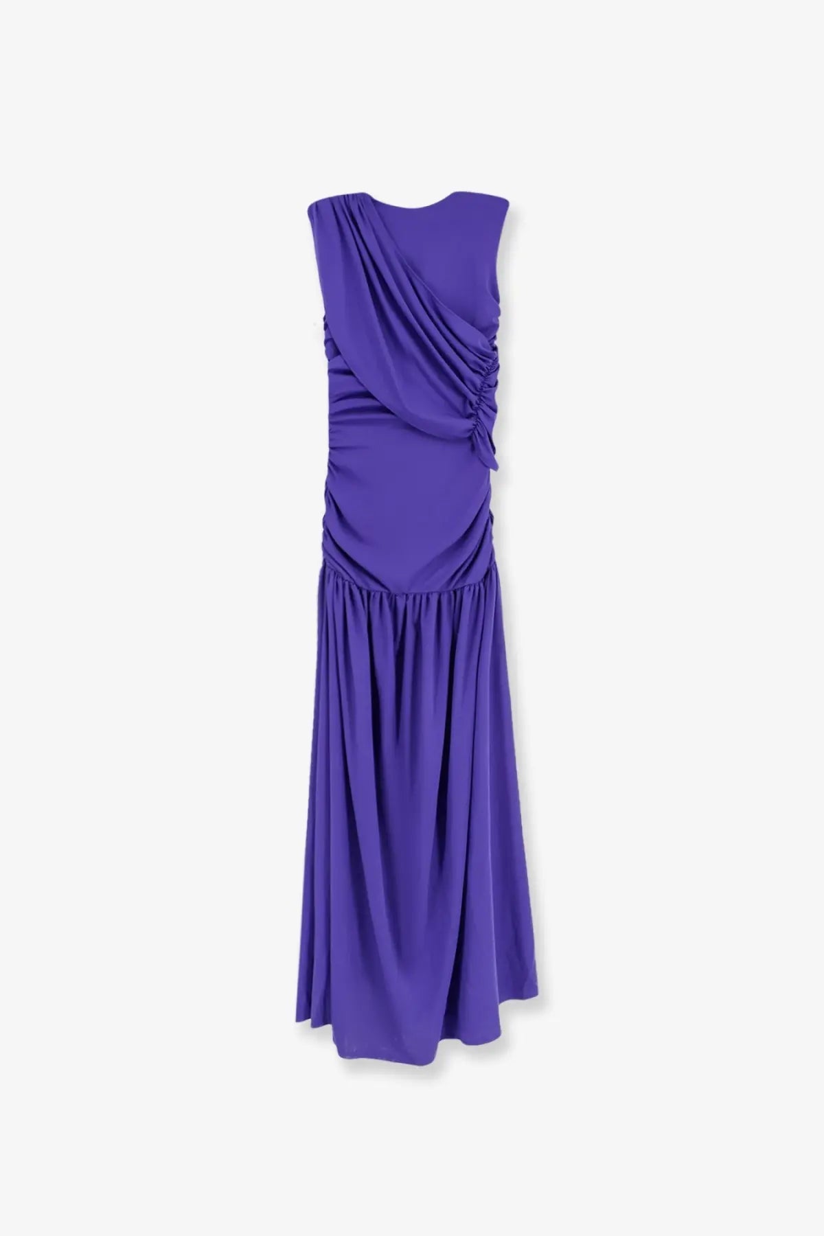 Actualee women’s draped long dress purple sleeveless with ruched bodice and flowing maxi skirt in deep purple