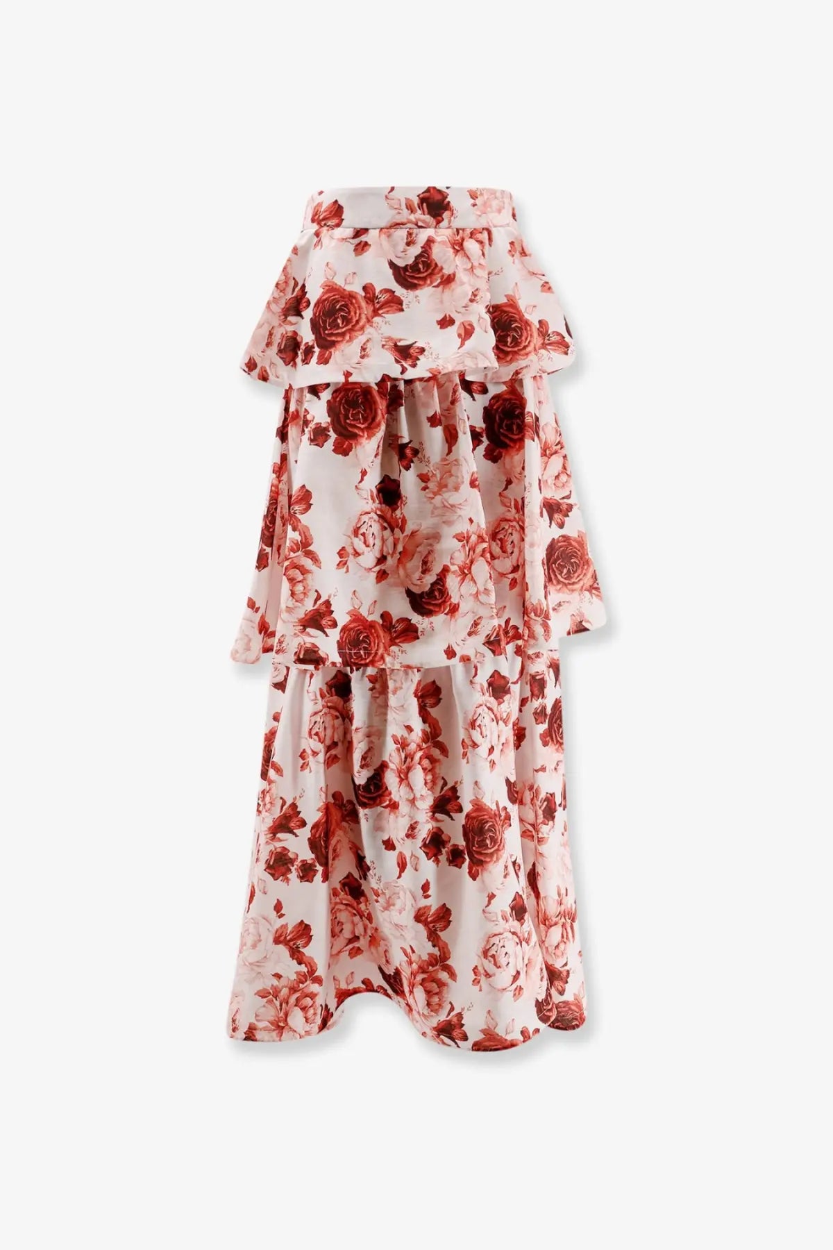 Actualee women’s flounced long skirt in soft blush with bold red rose prints and delicate ruffled layers