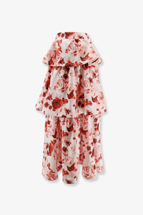 Actualee women’s flounced long skirt in soft white fabric with red rose prints and tiered ruffled layers